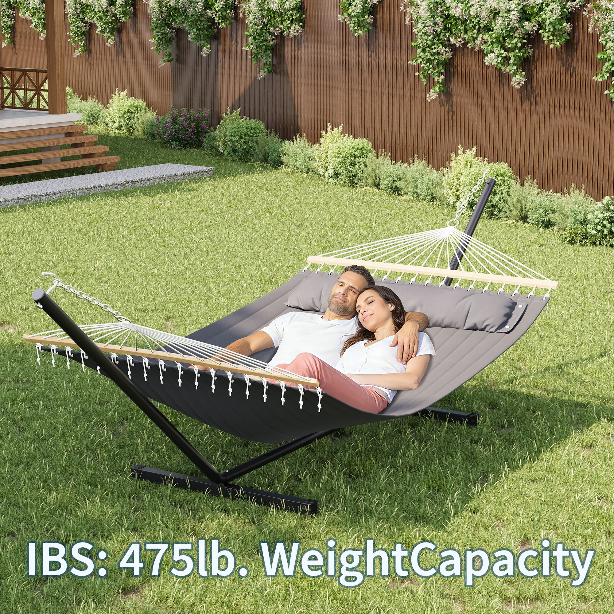 Outdoor Double Hammock with Stand for 2 Adults – Heavy Duty, Portable, Quilted Fabric Hammock Bed – Freestanding Patio, Garden, Yard, Lawn, or Camping – Spacious & Durable