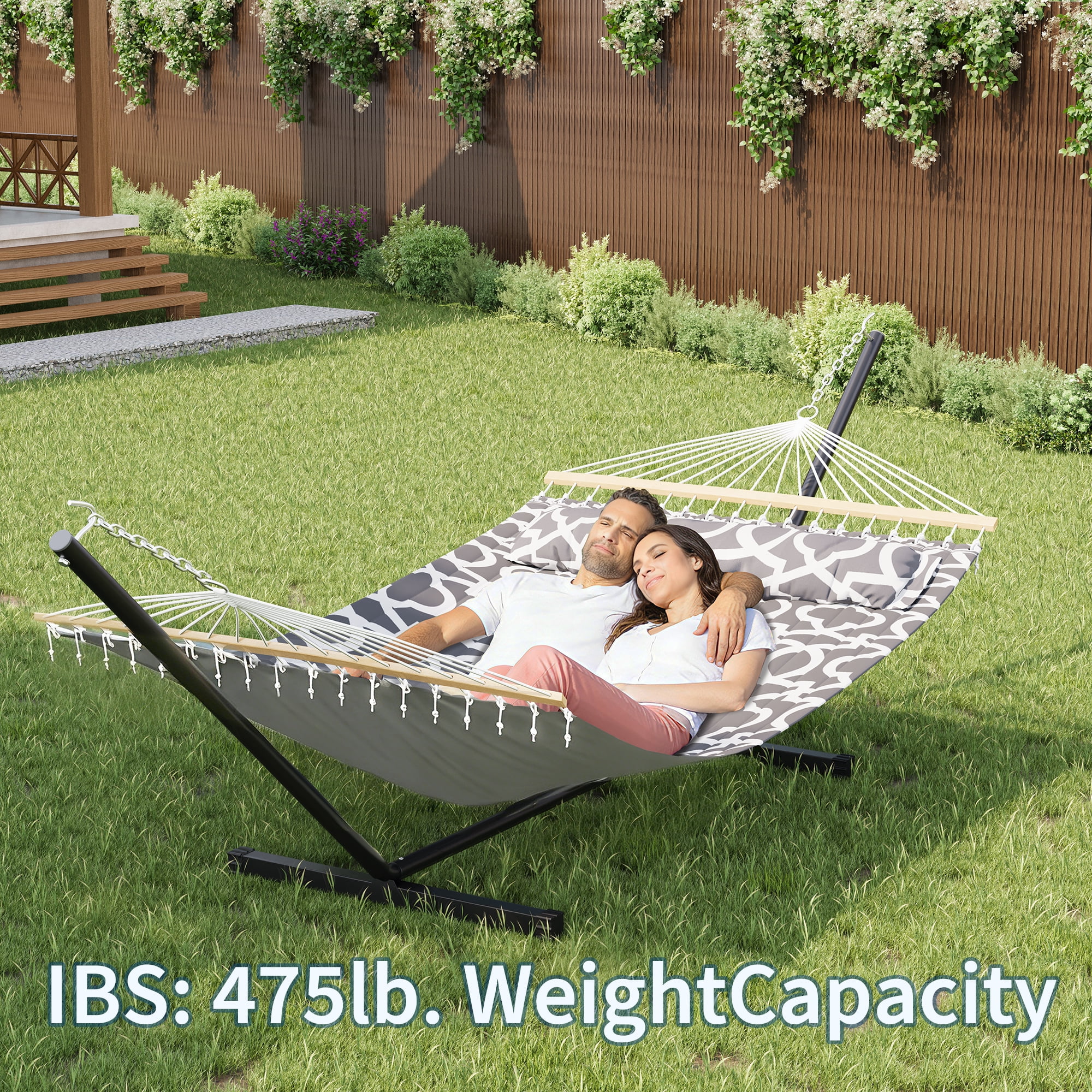 Outdoor Double Hammock with Stand for 2 Adults – Heavy Duty, Portable, Quilted Fabric Hammock Bed – Freestanding Patio, Garden, Yard, Lawn, or Camping – Spacious & Durable