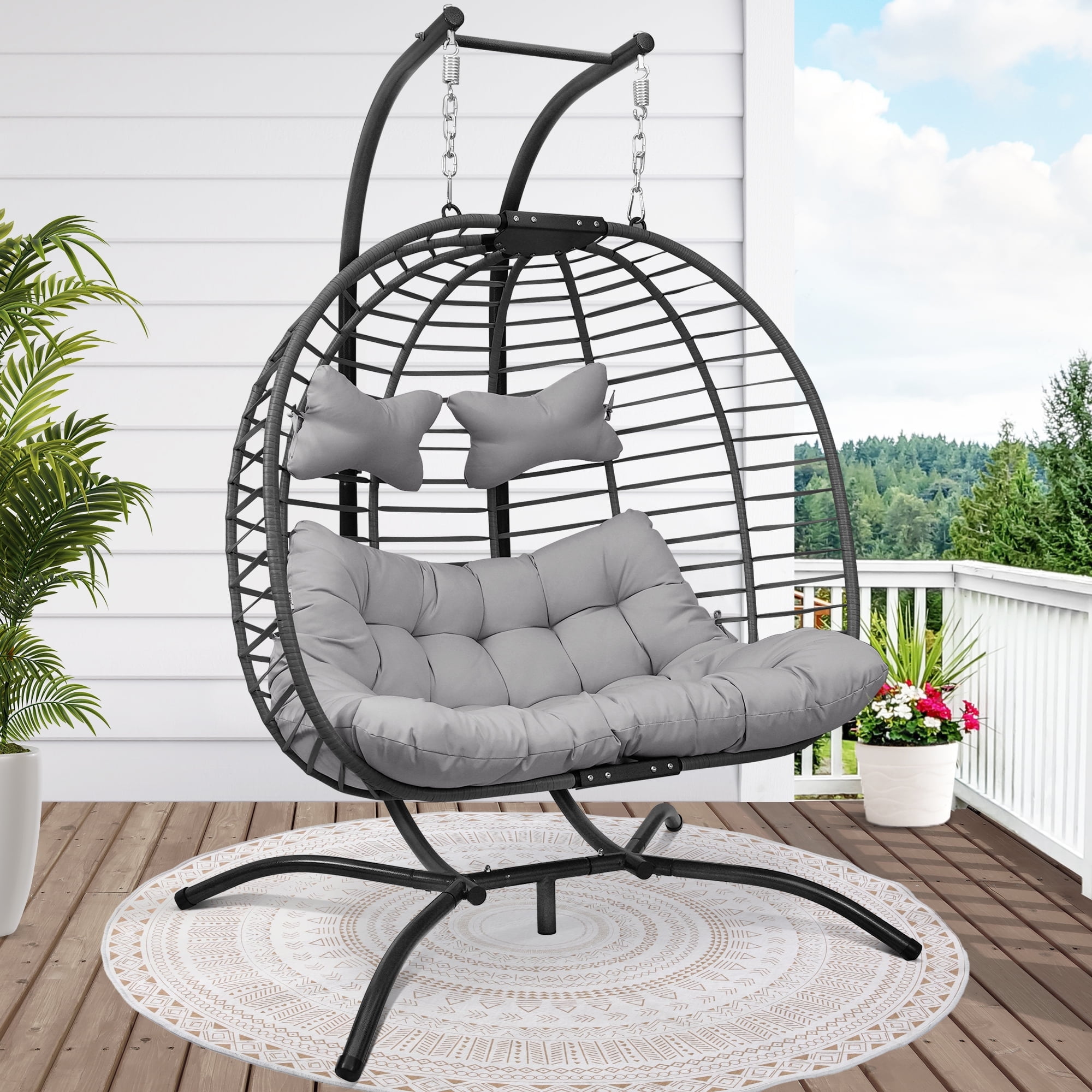 Gray Double Glider Outdoor Egg Chair with Cushions