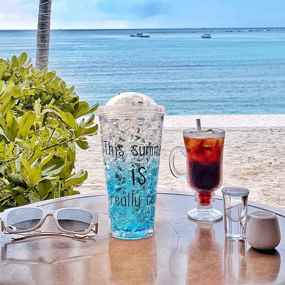 Outdoor Double Layer Plastic Cup with Sliding Lid | Crushed Ice Frozen Mug | Refrigeration Glass | Portable Leak-Proof Straw Cup | Gradient Drinkware for Summer