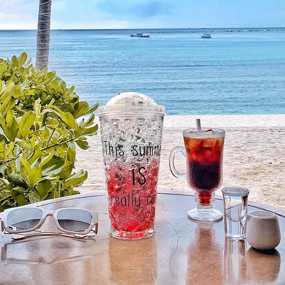 Outdoor Double Layer Plastic Mug with Sliding Lid Refrigeration Crushed Ice Cup 22oz Gel Frozen Cup Gradient St Mug for Cold Drinks