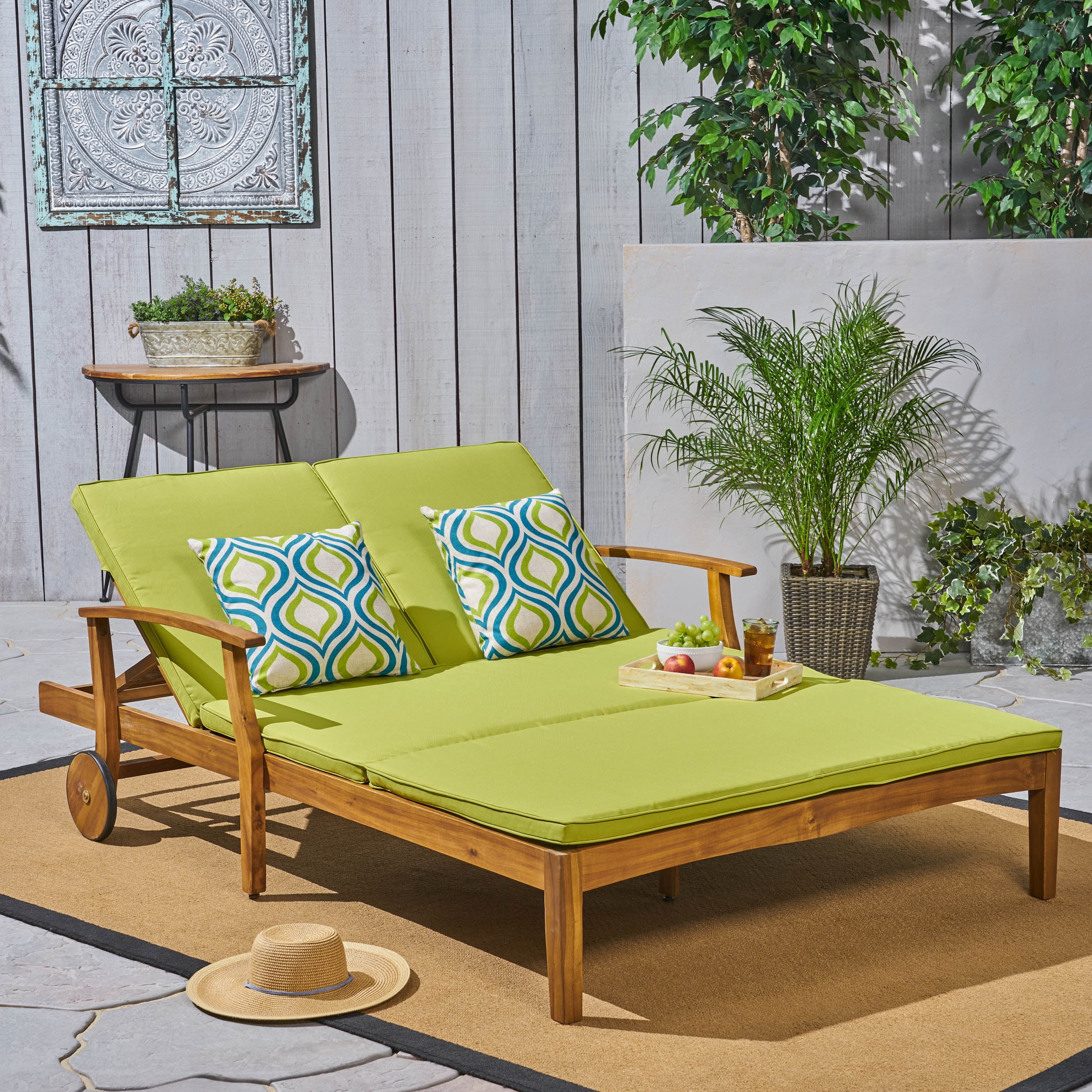 Outdoor Double Person Chaise Lounge, Dual Seat Recliner Chair for Patio Garden, Teak and Green