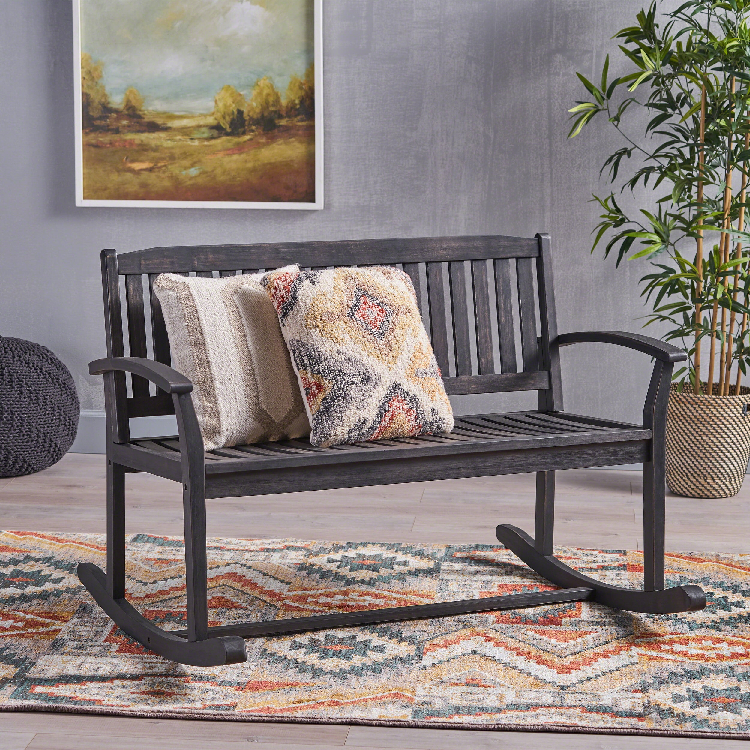 Outdoor Double Person Rocking Bench, Acacia Wood Frame Swing Loveseat for Patio Garden, Dark Gray