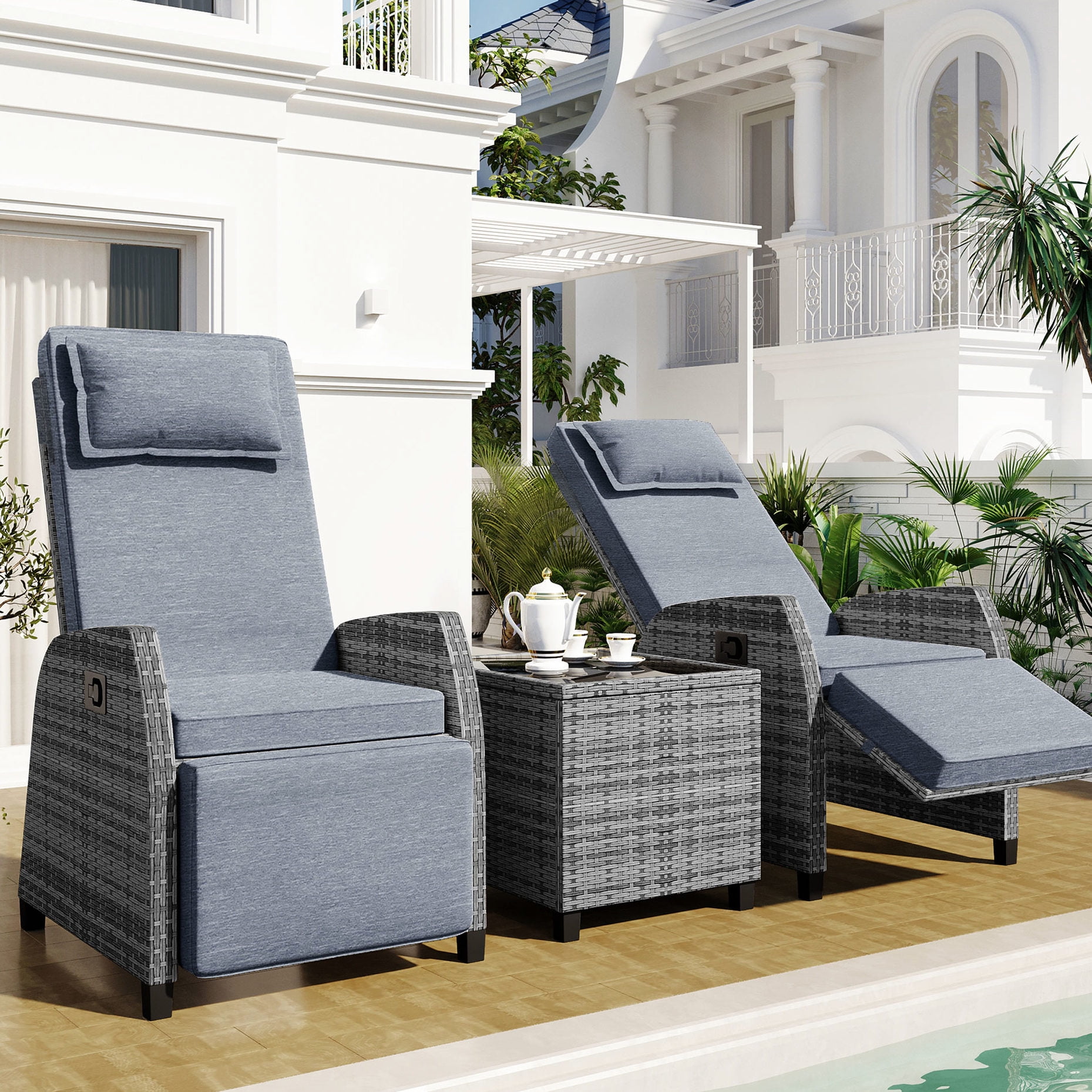 Outdoor Double Rattan Chair and Table Set | Adjustable Backrest and ...