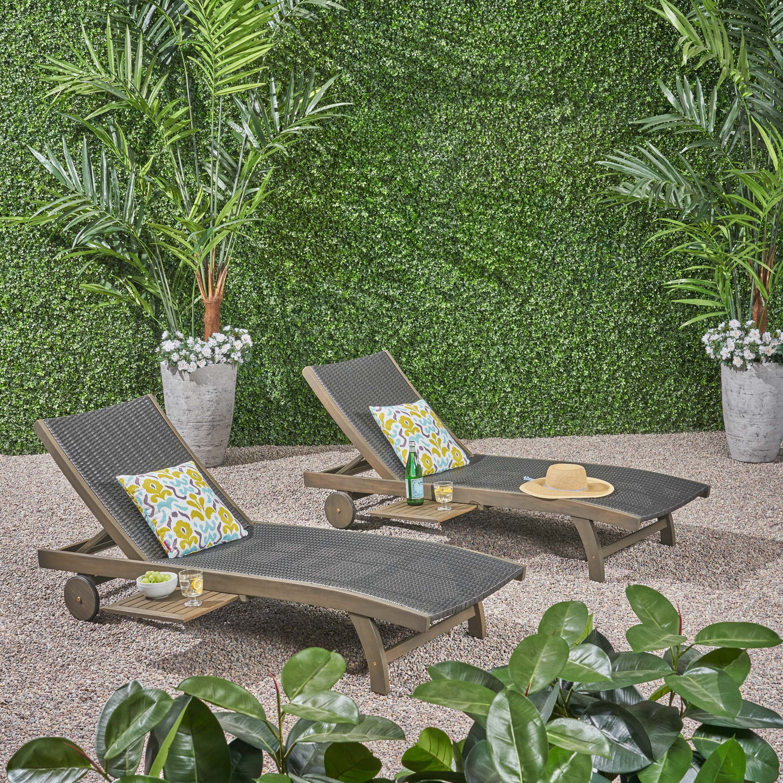 Outdoor Double Seat Chaise Lounge Set of 2 with Side Tray, Leisure Recliner Chairs for Patio Garden, Gray