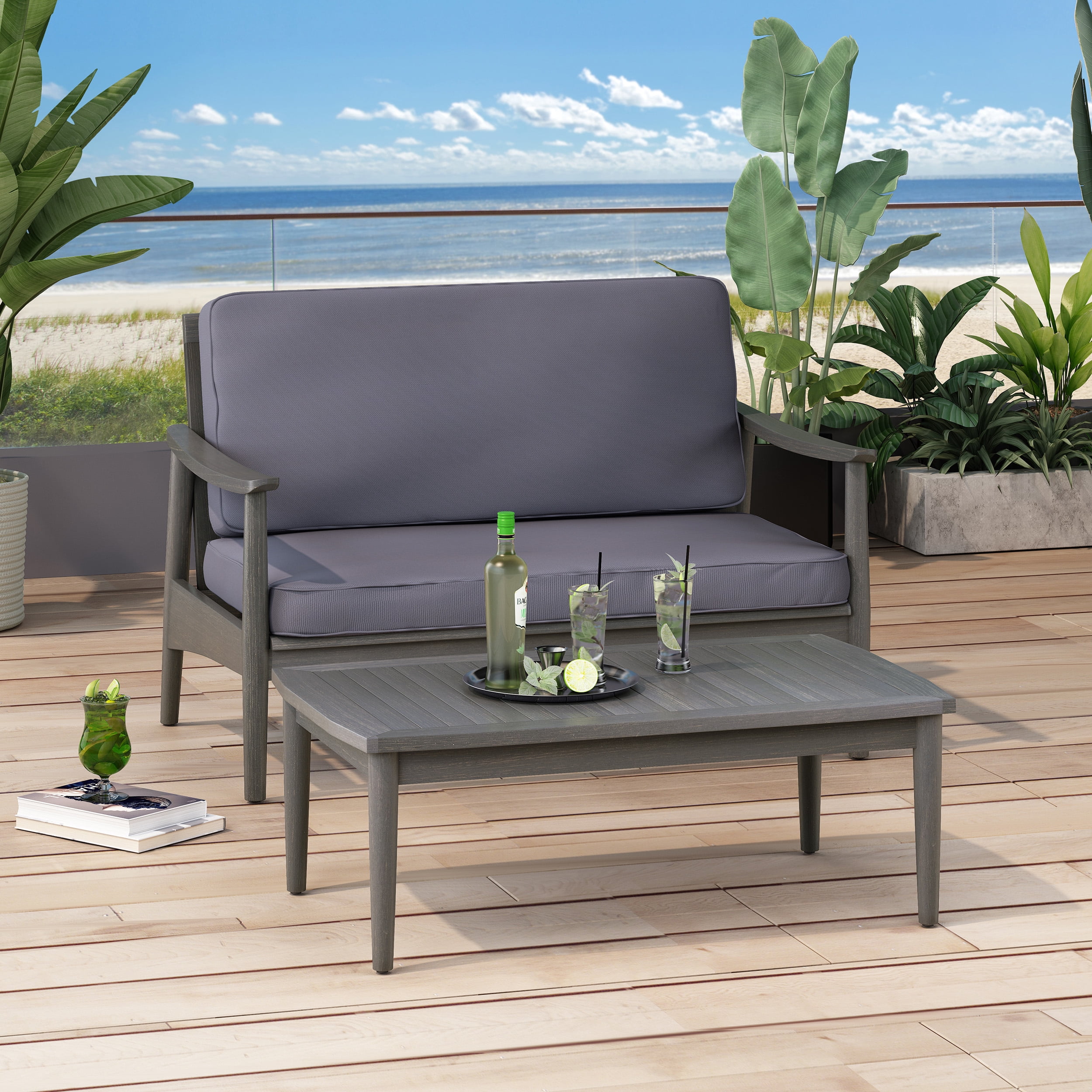 Outdoor Double Sofa and Coffee Table Leisure Combination Set, Acacia Wood Conversation Furniture for Patio Garden, Dark Gray