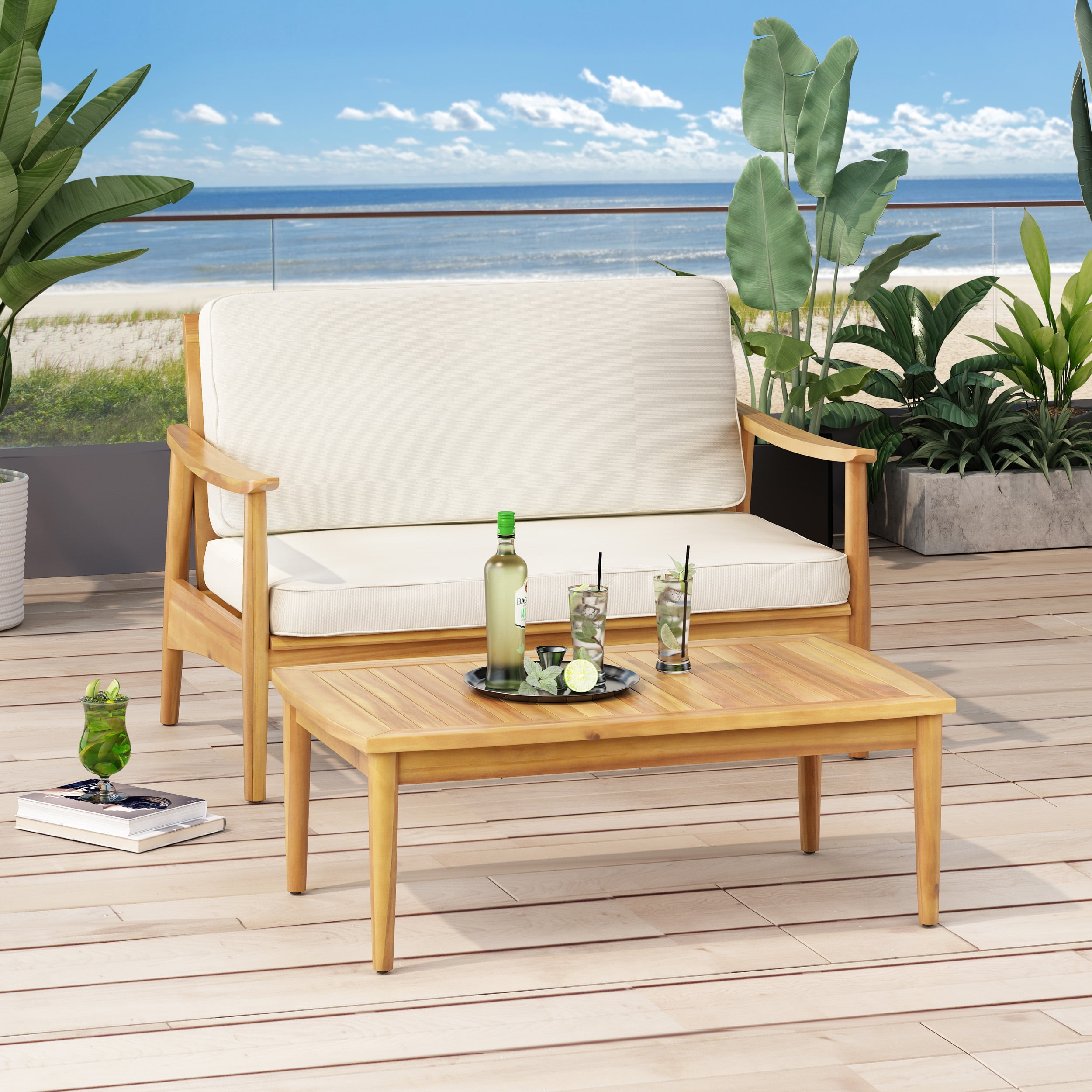 Outdoor Double Sofa and Coffee Table Leisure Combination Set, Acacia Wood Conversation Furniture for Patio Garden, Teak and Beige