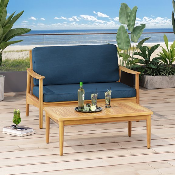 Outdoor Double Sofa and Coffee Table Leisure Combination Set, Acacia Wood Conversation Furniture for Patio Garden, Teak and Dark Teal