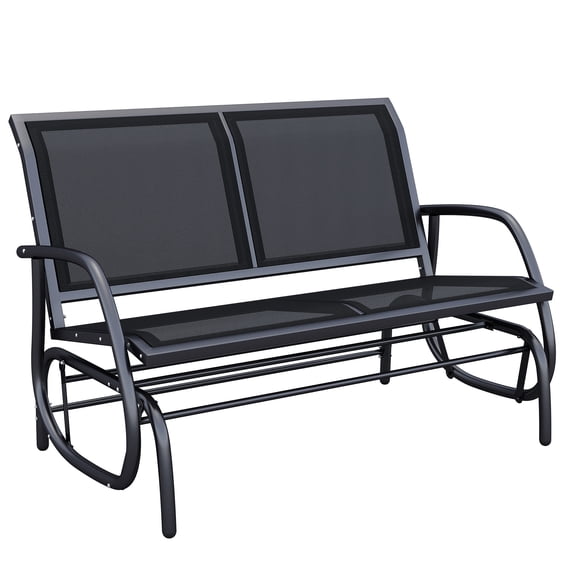 Outdoor Double Swing Chair, 2 Patio Glider Bench . Powder Coated Steel Frame. Comfortable Sling Fabric. Water-, Quick-drying, -. Backyard Garden Porch Seat, Black. 48.27" L X 27.5" W 33.5" H. 45"
