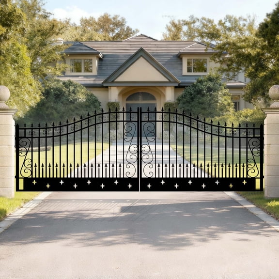 Chery Industrial Outdoor Dual Swing Iron Gate for Driveway, Security Gate, Outdoor Fence Gate, Vienna Style for Yard, Backyard Patio（20'Star）