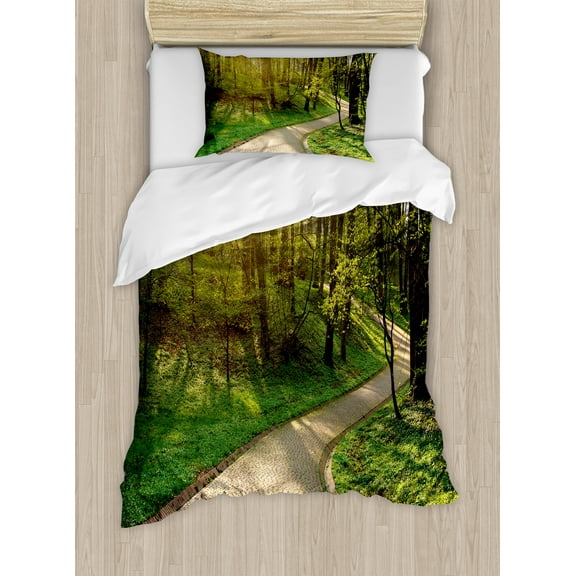 Outdoor Duvet Cover Set, Footpath Green City Park Sun Rays Freshness Hiking Forest Tranquil Botany, Decorative 2 Piece Bedding Set with 1 Pillow Shams, Twin Size, Green Beige Yellow, by Ambesonne