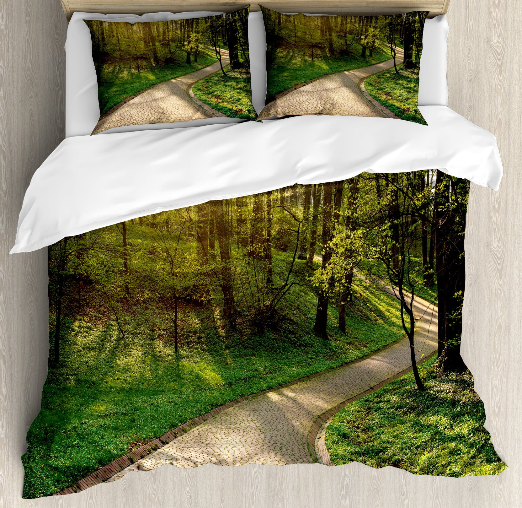 Outdoor Duvet Cover Set Footpath Green City Park Sun Rays Freshness Hiking Forest Tranquil Botany Decorative 3 Piece Bedding Set with 2 Pillow
