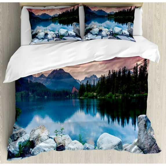 Outdoor Duvet Cover Set King Size, Lake Forest Mountains National Park Slovakia Europe Dramatic Overcrast Sky Idyllic, Decorative 3 Piece Bedding Set with 2 Pillow Shams, Multicolor, by Ambesonne