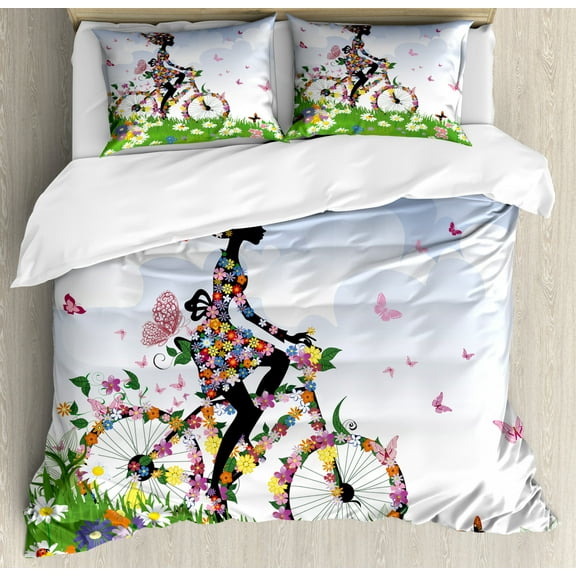 Outdoor Duvet Cover Set King Size, Woman Riding Vintage Romantic Bike with Spring Time Flowers in Basket Nature Image, Decorative 3 Piece Bedding Set with 2 Pillow Shams, Multicolor, by Ambesonne