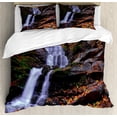 thumbnail image 1 of Outdoor Duvet Cover Set, Mountain Waterfall Autumnal Forest Fallen Leaves Moss Cascade Serene View, Decorative 3 Piece Bedding Set with 2 Pillow Shams, King Size, Orange Green Brown, by Ambesonne, 1 of 3