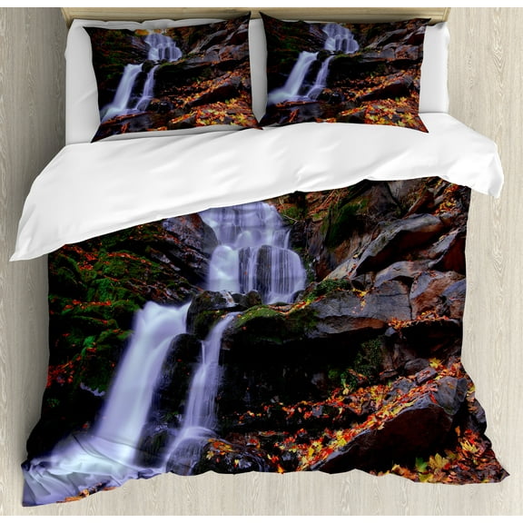 Outdoor Duvet Cover Set, Mountain Waterfall Autumnal Forest Fallen Leaves Moss Cascade Serene View, Decorative 3 Piece Bedding Set with 2 Pillow Shams, Queen Size, Orange Green Brown, by Ambesonne