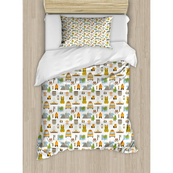 Outdoor Duvet Cover Set Twin Size, Repetitive Elements Related with Camping and Hiking Art Print Pattern, Decorative 2 Piece Bedding Set with 1 Pillow Sham, White and Multicolor, by Ambesonne