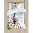 thumbnail image 1 of Outdoor Duvet Cover Set Twin Size, Woman Riding Vintage Romantic Bike with Spring Time Flowers in Basket Nature Image, Decorative 2 Piece Bedding Set with 1 Pillow Sham, Multicolor, by Ambesonne, 1 of 3