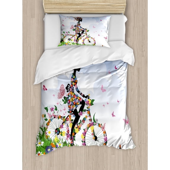 Outdoor Duvet Cover Set Twin Size, Woman Riding Vintage Romantic Bike with Spring Time Flowers in Basket Nature Image, Decorative 2 Piece Bedding Set with 1 Pillow Sham, Multicolor, by Ambesonne