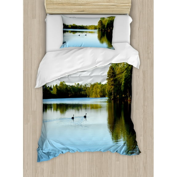 Outdoor Duvet Cover Set, View from Carate Urio Town Lake Como Alps Italy Panorama European Rural Countryside, Decorative 2 Piece Bedding Set with 1 Pillow Shams, Twin Size, Blue Green, by Ambesonne