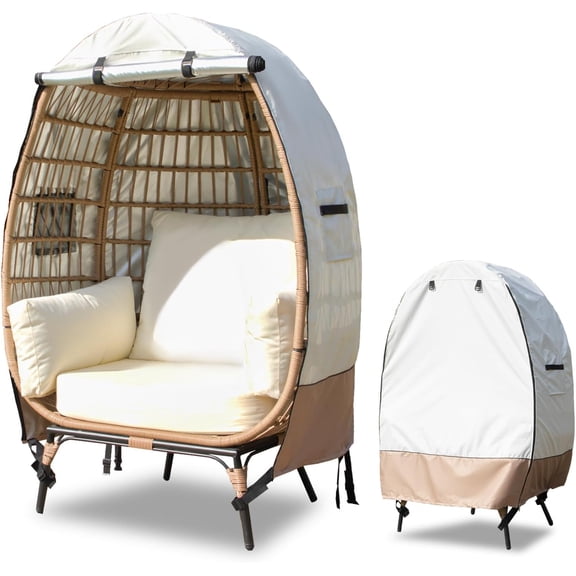 Outdoor Egg Chair Cover with Zipper, Heavy Duty Oxford Cloth Patio Basket Chair Protector, Fade Resistant Cover for Wicker Hanging Swing Chair, Beige & Brown (43"L x 25"W x 55.1"H)