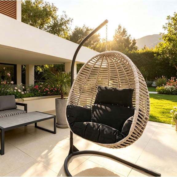 Outdoor Egg Chair Cushion with Headrest Pillow, Thick Soft Hanging Basket Seat Pad for Garden Swing Chair, Black