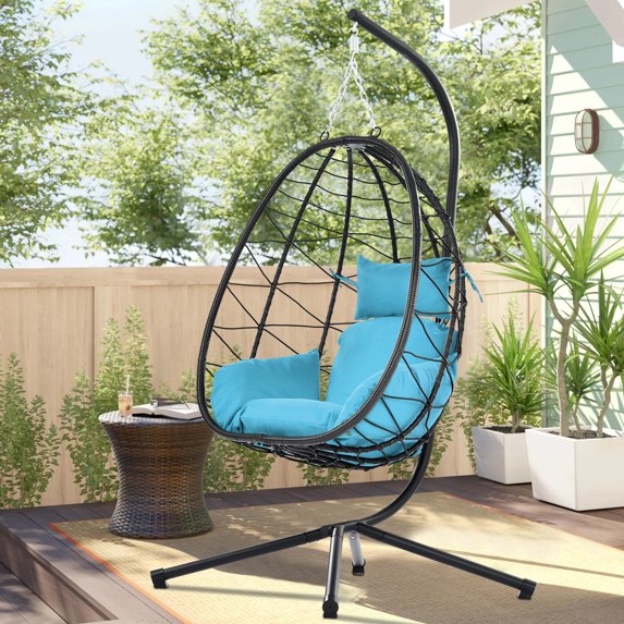 Outdoor Egg Chair, Patio Wicker Egg Chair Hanging Basket Chair, All-Weather Rattan Swing Chair with Stand and Removable Cushion, Indoor Outdoor Hammock Egg Chair for Kids Teens Adults, Holds 265lbs