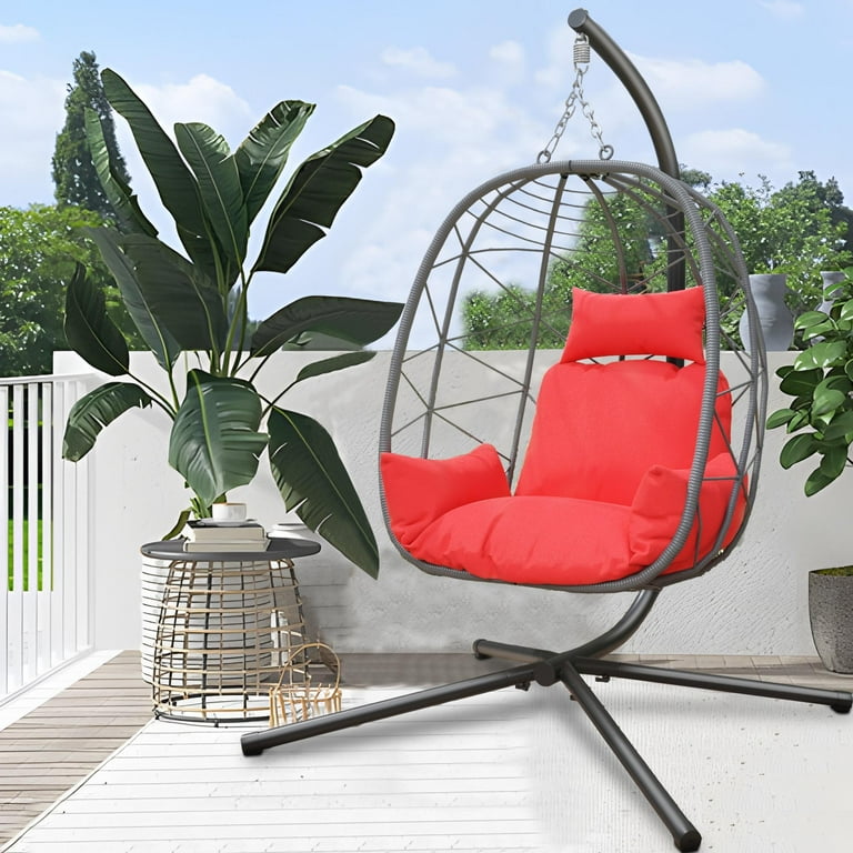 Outdoor Egg Chair Patio Wicker Swing Egg Chair with Stand Steel Frame Hanging Chair with Soft Cushion and Pillow for Bedroom Patio Balcony