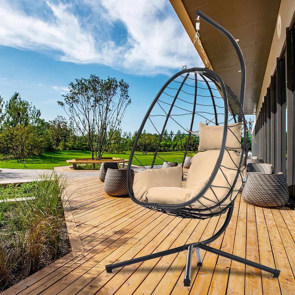 Outdoor Egg Chair, Patio Wicker Swing Egg Chair with Stand, Steel Frame