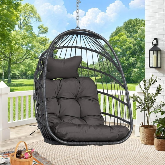Outdoor Egg Chair Without Stand, Foldable Durable Rattan Wicker Hanging Swing Basket, 350 Lbs Heavy-Duty Hammock Chair with Cushion for Patio Balcony Garden Ceiling or Tree Mount, Dark Gray