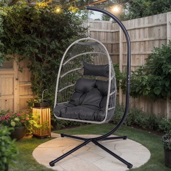 Outdoor Egg Hanging Chair with Stand, Patio Wicker Swing Chair for Indoor Outdoor Use, Hammock Egg Chair with Pillow and Steel Frame, 350 lbs Capacity, Black and Gray