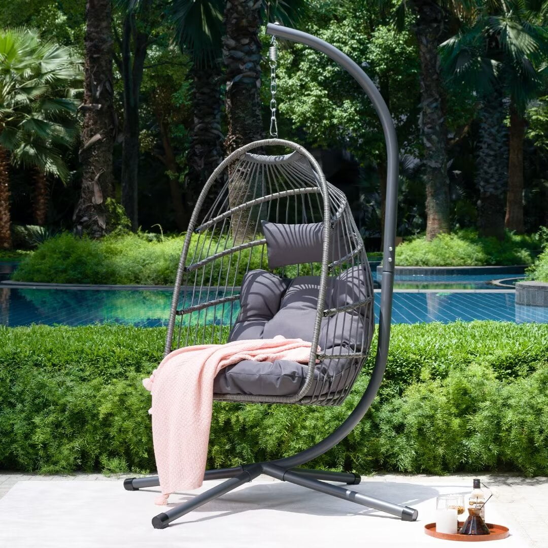 Outdoor Egg Hanging Chair with Stand, Patio Wicker Swing Egg Chair ...