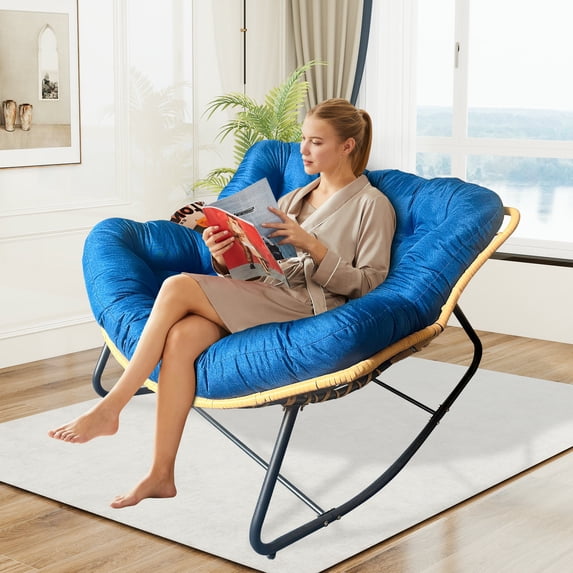 Outdoor Egg Rocking Chair, Indoor Papasan Rocking Chair with Thick Cushion, Modern Lounge Rocker for Balcony, Living Room, Bedroom, Porch, Lawn, Garden (Dark Blue)