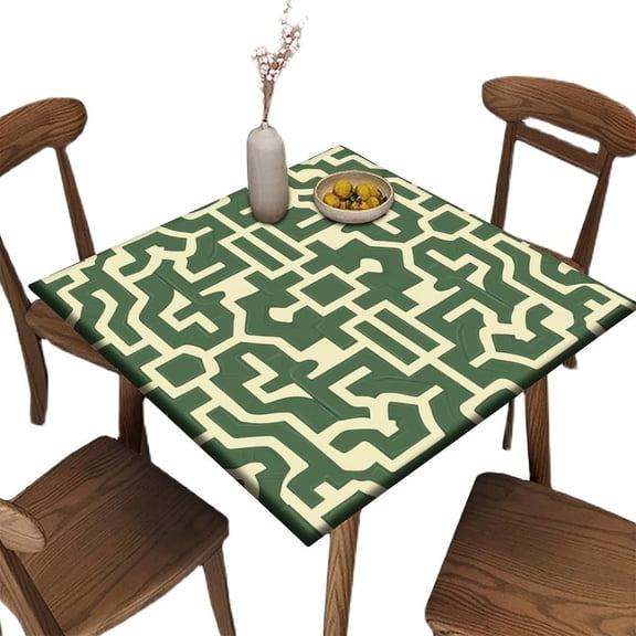 Outdoor Elastic Tablecloth, Green and White Geometric Maze Pattern Printed on Polyester Square Card Table Covers with Elastic, Great for Picnics Beach Camping Travel, Fit for 36" x 36" Square Tables