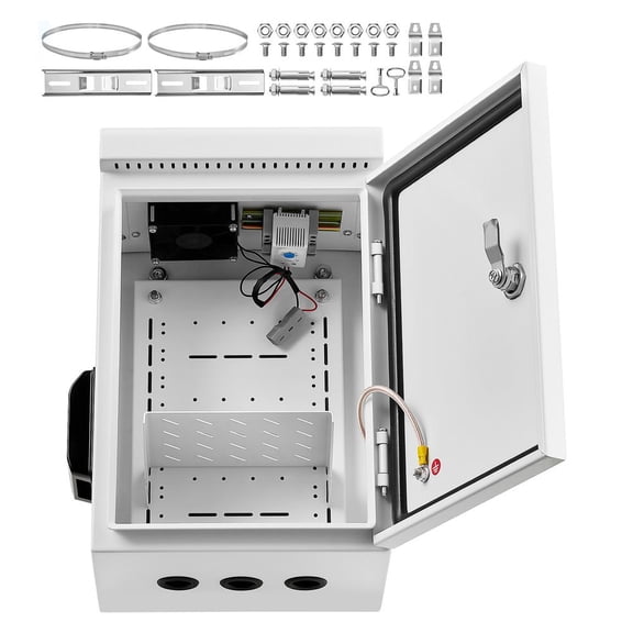 Outdoor Electrical Box, Cold-Rolled Steel, Electrical Junction Box with Thermostat and Fan, Rain Hood, Ventilated Design, IP65 Waterproof Hinged Enclosure, Wall/Pole Mounted, 16 x 12 x 8 in