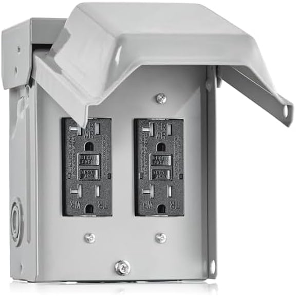 Outdoor Electrical Outlet Box, Dual 20 AMP WRTR GFCI Receptacles, Rainproof 3R Enclosure, Weatherproof   Outlet Cover, Power Plug for Garden, Outdoor Lights, ETL Listed