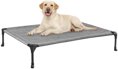 Outdoor Elevated Dog Bed Large Sized Dogs, Large Cooling Raised Dog Cots Beds Training Platform Off Ground Hammock with Breathable Mesh, No-Slip Feet, 42"x30", Black Silver
