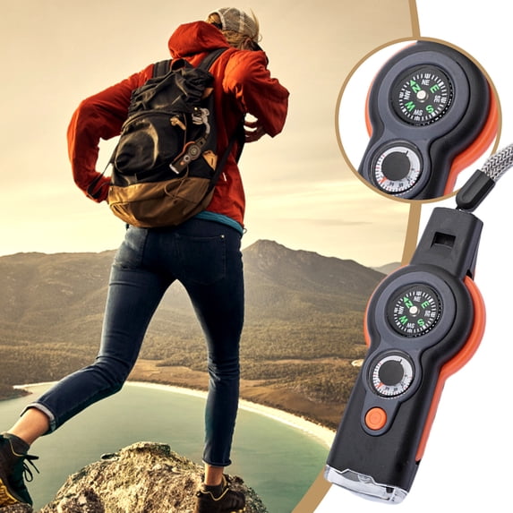 Outdoor Emergency Multi-Tool Survival Whistle with LED Flashlight | Compass | Signal Mirror | Magnifying Glass | Thermometer | Storage Compartment | Orange | 4.29x1.77in
