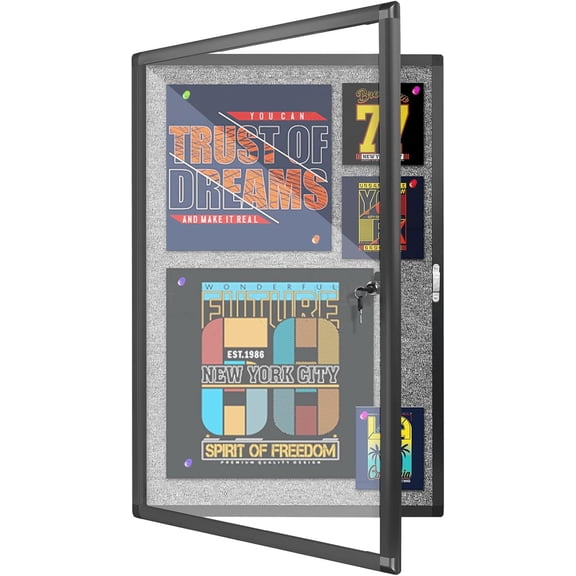 Outdoor Enclosed Bulletin Board, Grey Felt Weatherproof Notice Noticeboard with Clear Acrylic Locking Door, Wall-Mounted Black Aluminum Framed Display Case,36x24in (5xA4)