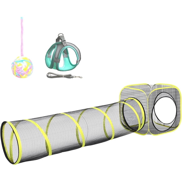 Outdoor Enclosure & Tunnel - Portable Mesh Tent, Playhouse with Adjustable Harness & Leash, Colorful Tease Ball
