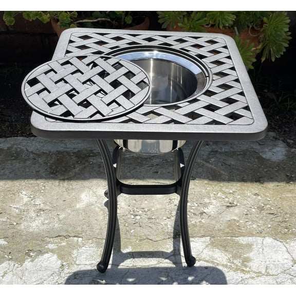 Outdoor End Table Multi Square With Ice Bucket Insert Nassau Heavy Patio Cast Aluminum.