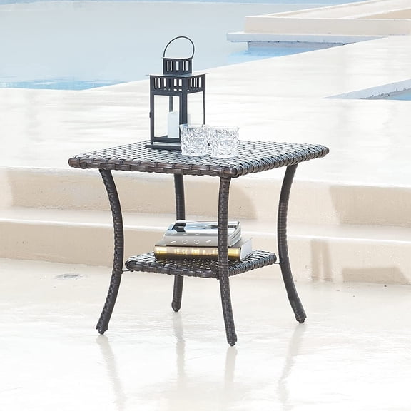 Outdoor End Table,Patio Wicker Small Side Table, PE Rattan Coffee Table with 2-Tier Storage Shelf for Bistro Set Conversation Sets Brown