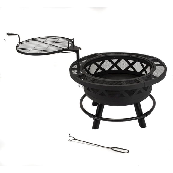 Outdoor Escape 32-Inch Roundup Fire Pit, Black, Adjustable Cooking Shelf