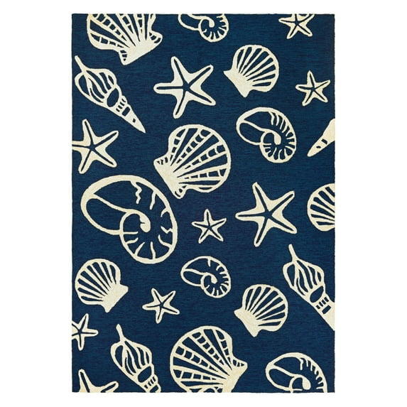 Outdoor Escape 5'6"W x 8'L Hand-Hooked Cardita Shells Area Rug in Navy/Ivory