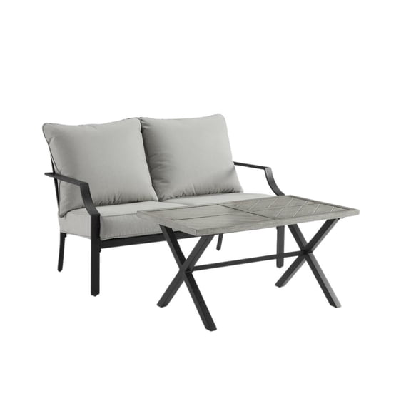 Outdoor Escape Black Metal Frame with Gray Cushions 2 Piece Patio Set with Loveseat Table
