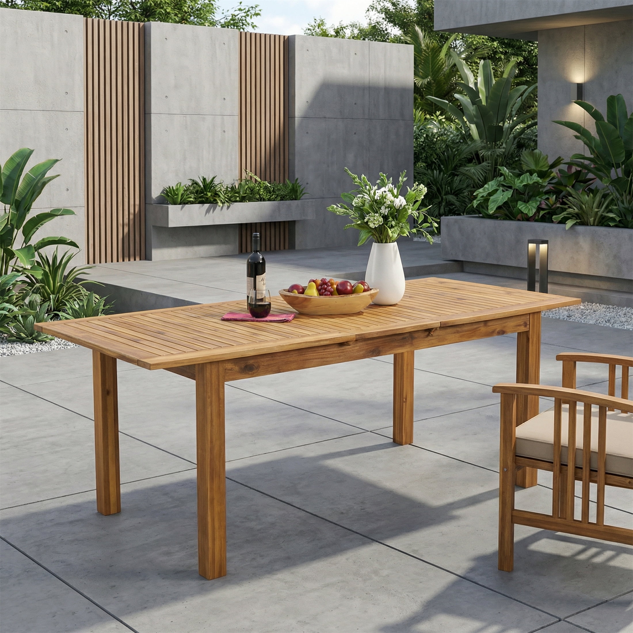 Outdoor Expandable Dining Table, Acacia Wood Frame Household Dinner Table for Patio Garden, Natural