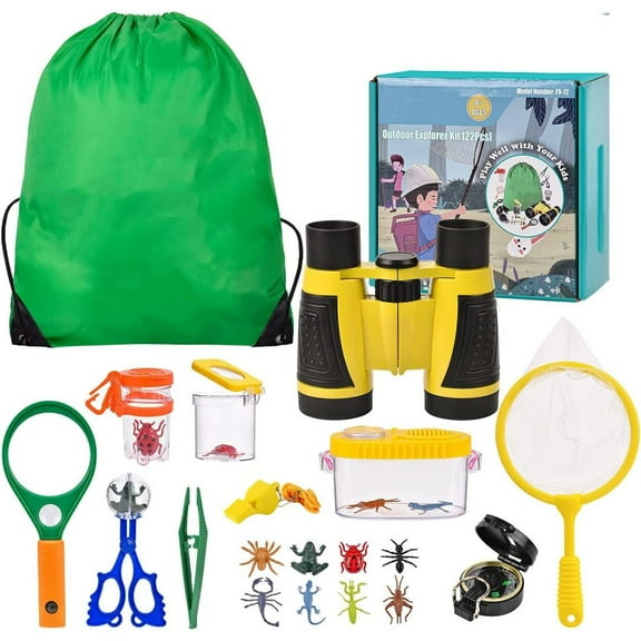 Outdoor Explorer Set Toys, Binoculars For Kids 22 Piece Kids Adventurer Explorer Set With Bug Catcher Tweezers Insect Viewer Compass Magnifier,Butterfly Net For Camping Telescopes Microscopes