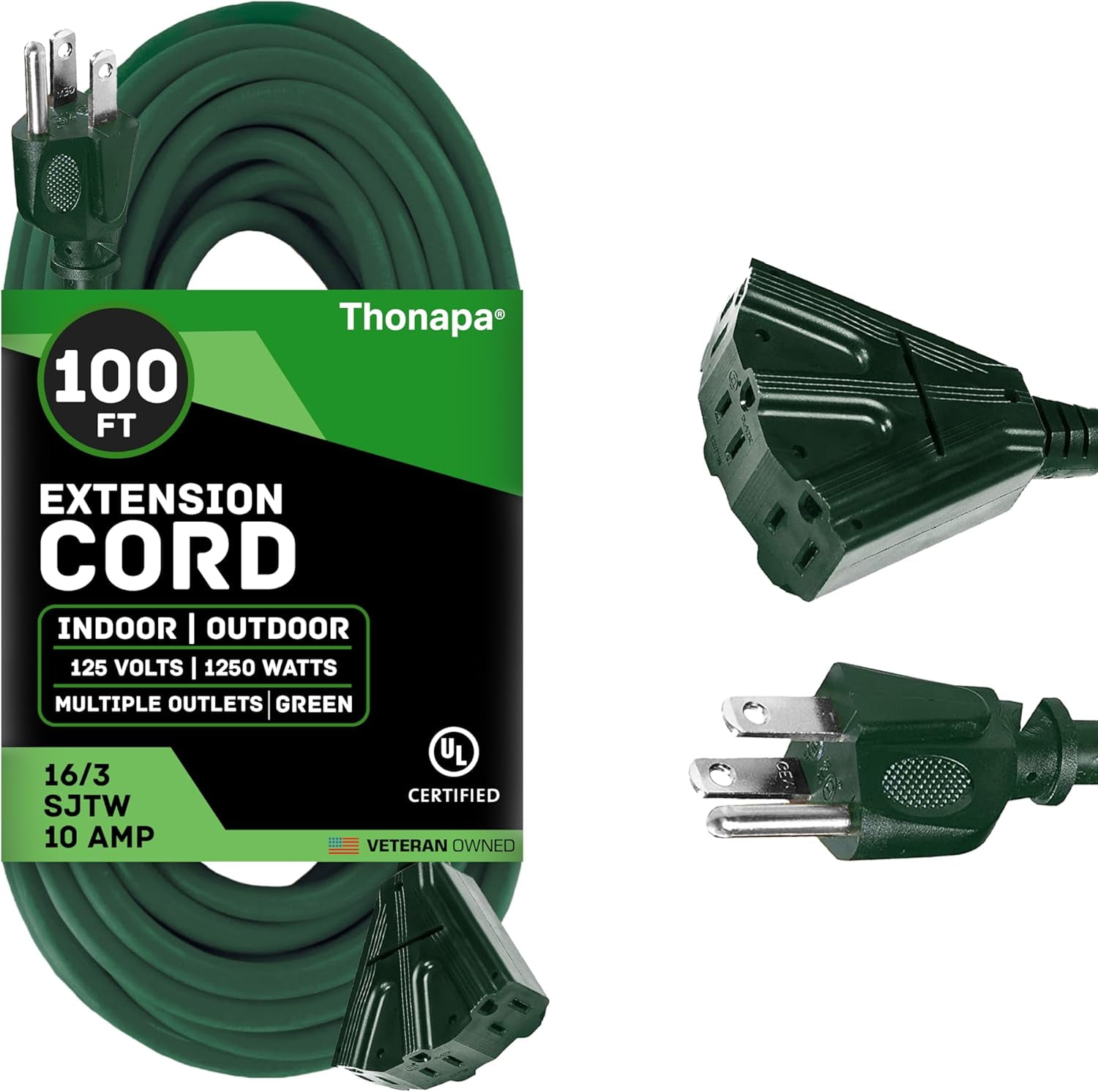 Outdoor Extension Cord 100 FT with 3 Outlets 16 Gauge Green Extension