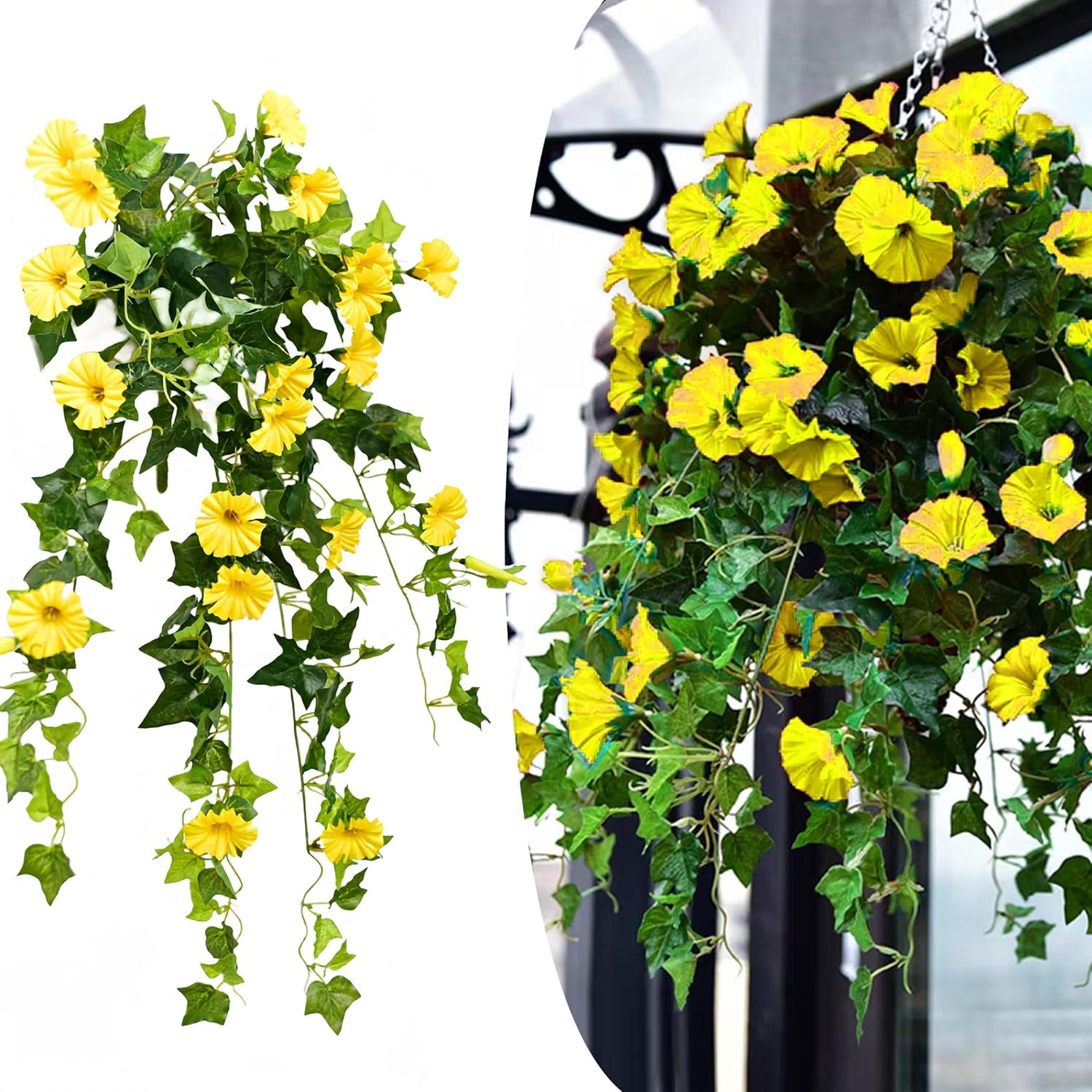 Outdoor Fake Artificial Flowers Petunias:Fake Petunias,Artificial Petunias for Outdoors, Realistic and Natural,Colorfast,for Doorways Patios Hanging Planters and Window,Silk Petunias (1pcs,Yellow)