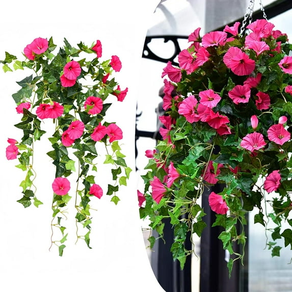 Outdoor Fake Artificial Flowers Petunias:Fake Petunias,Artificial Petunias for Outdoors, Realistic and Natural,Colorfast,for Doorways Patios Hanging Planters and Window,Silk Petunias (1pcs,Rose Red)